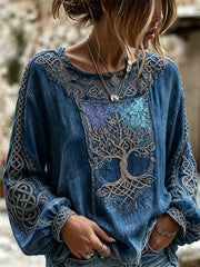 Women's Vintage Viking Tree of Life Celtic Print Cotton-Linen Shirt