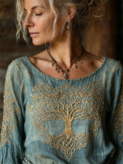 Women's Vintage Viking Tree of Life Print Dyed Cotton-Linen Shirt