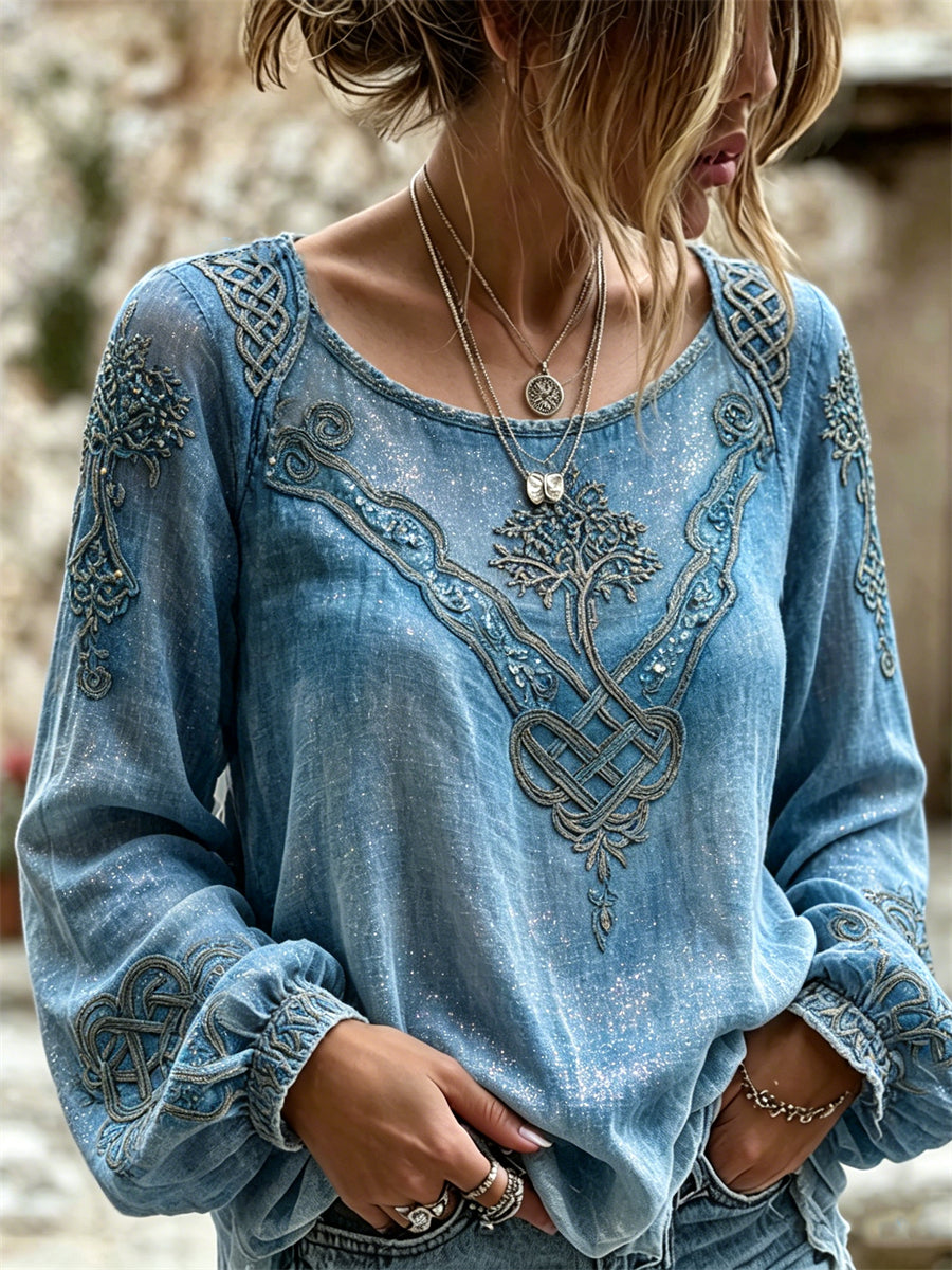 Women's Classy Viking Tree of Life Celtic Knot Glitter Print Cotton-Linen Shirt