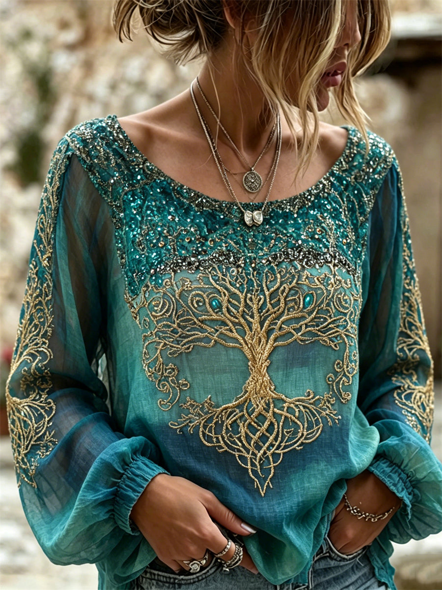 Women's Vintage Mystical Viking Tree of Life Glitter Print Cotton-Linen Shirt