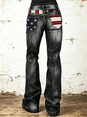 Women's Vintage American Flag Inspired Art Patchwork Print Washed Bootcut Jeans