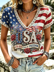 Women's USA 1776-2026 Freedom American Flag Glitter Floral Print short-sleeved T-shirt