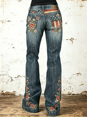 Women's Vintage American Flag Patchwork Floral Print Washed Bootcut Jeans