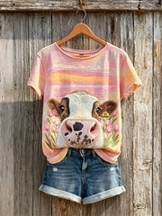 Women's Lovely Cow Tulips Field Sunset Gradient Print short-sleeved T-shirt