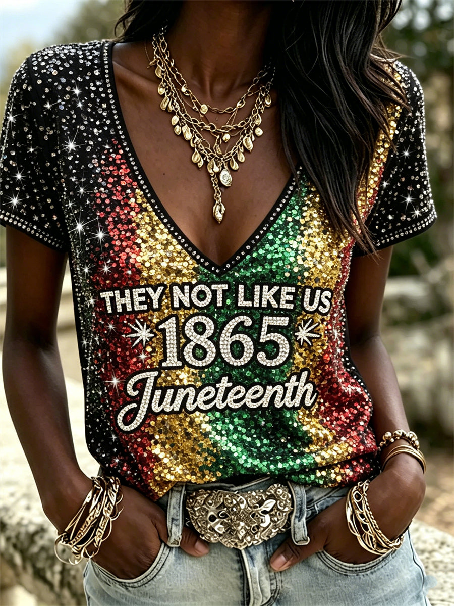 Women's They Not Like Us 1865 Juneteenth Gradient Glitter Print short-sleeved T-shirt