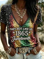 Women's They Not Like Us 1865 Juneteenth Gradient Glitter Print short-sleeved T-shirt