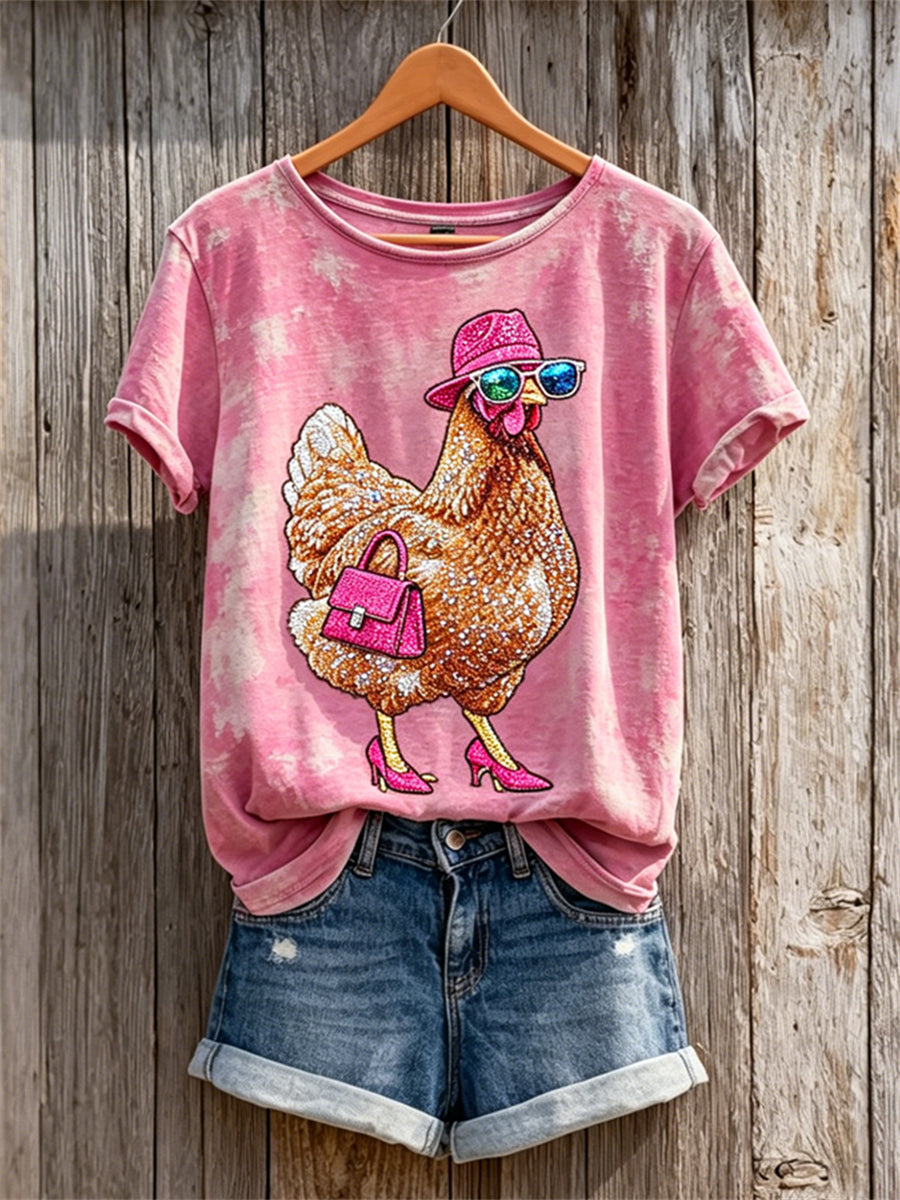 Women's Funny Chic Hen Glitter Print short-sleeved T-shirt