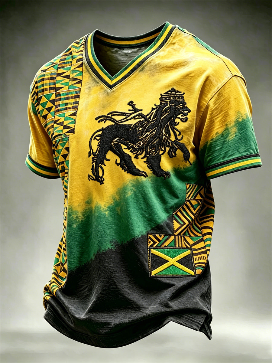 Men's Reggae Lion Jamaica Flag Inspired Kente Patchwork Print V-neck T-shirt