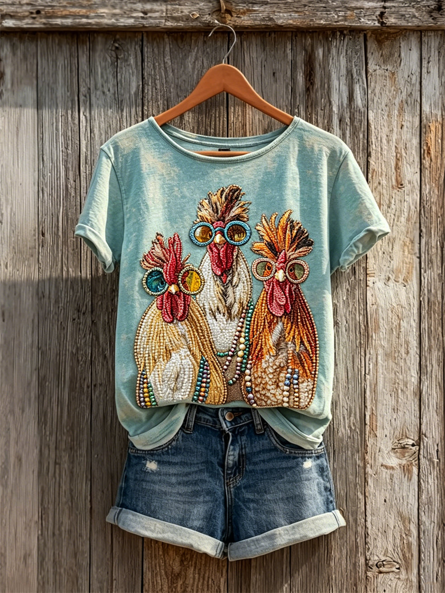 Women's Vintage Boho Dressed Chicken Art Print short-sleeved T-shirt