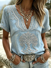 Women's Classy Viking Tree of Life Silver Glitter Print Cotton-Linen Shirt