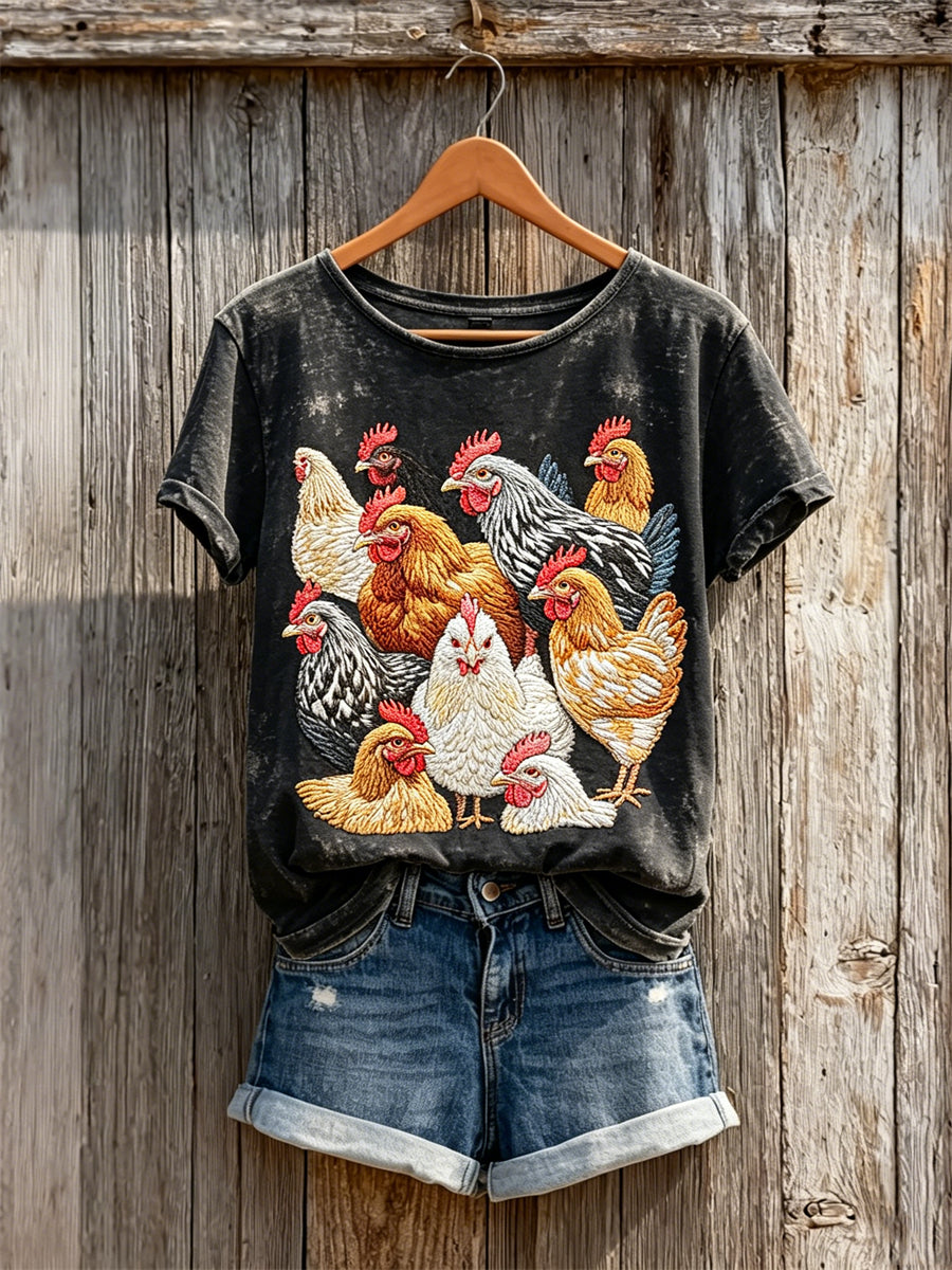 Women's Vintage Farm Chicken Family Art Print short-sleeved T-shirt