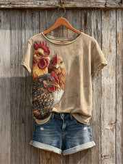 Women's Vintage Farm Peeking Chicken Print short-sleeved T-shirt