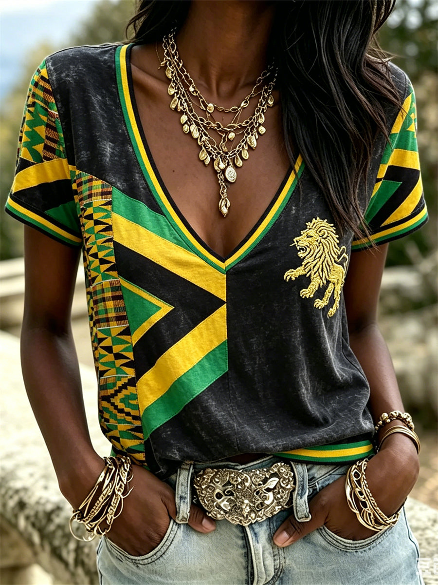 Women's Reggae Lion & Africa Kente Jamaica Flag Geometric Art Print short-sleeved T-shirt