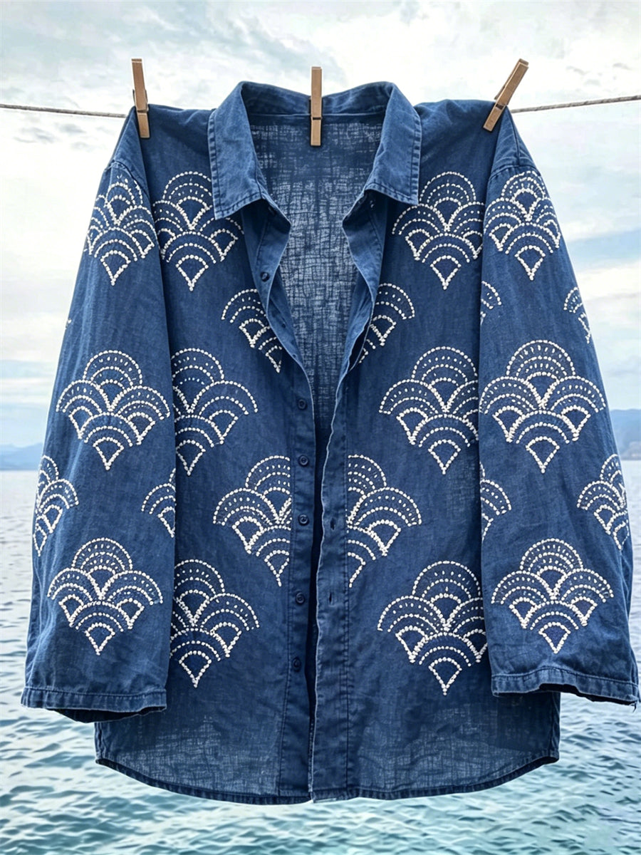 Women's Japanese Sea Waves Sashiko Art Print Linen shirts
