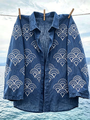 Women's Japanese Sea Waves Sashiko Art Print Linen shirts