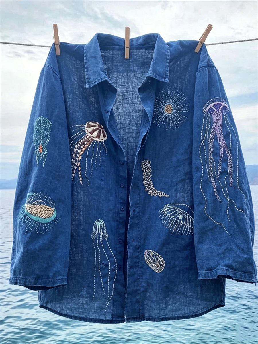 Women's Lovely Marine Life Colorful Japanese Sashiko Art Print Linen shirts