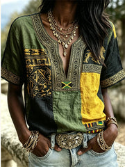 Women's Reggae Lion Jamaica Flag Africa Ethnic Kente Colorblock Print Cotton-Linen Shirt