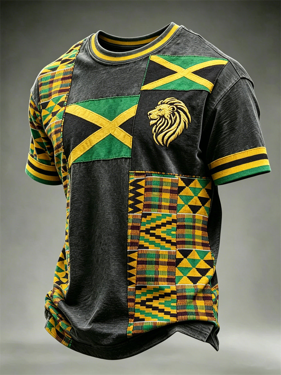 Men's Reggae Lion Jamaica Flag & Kente Pattern Colorblock Print short sleeves t-shirt