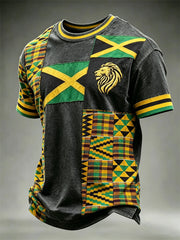 Men's Reggae Lion Jamaica Flag & Kente Pattern Colorblock Print short sleeves t-shirt