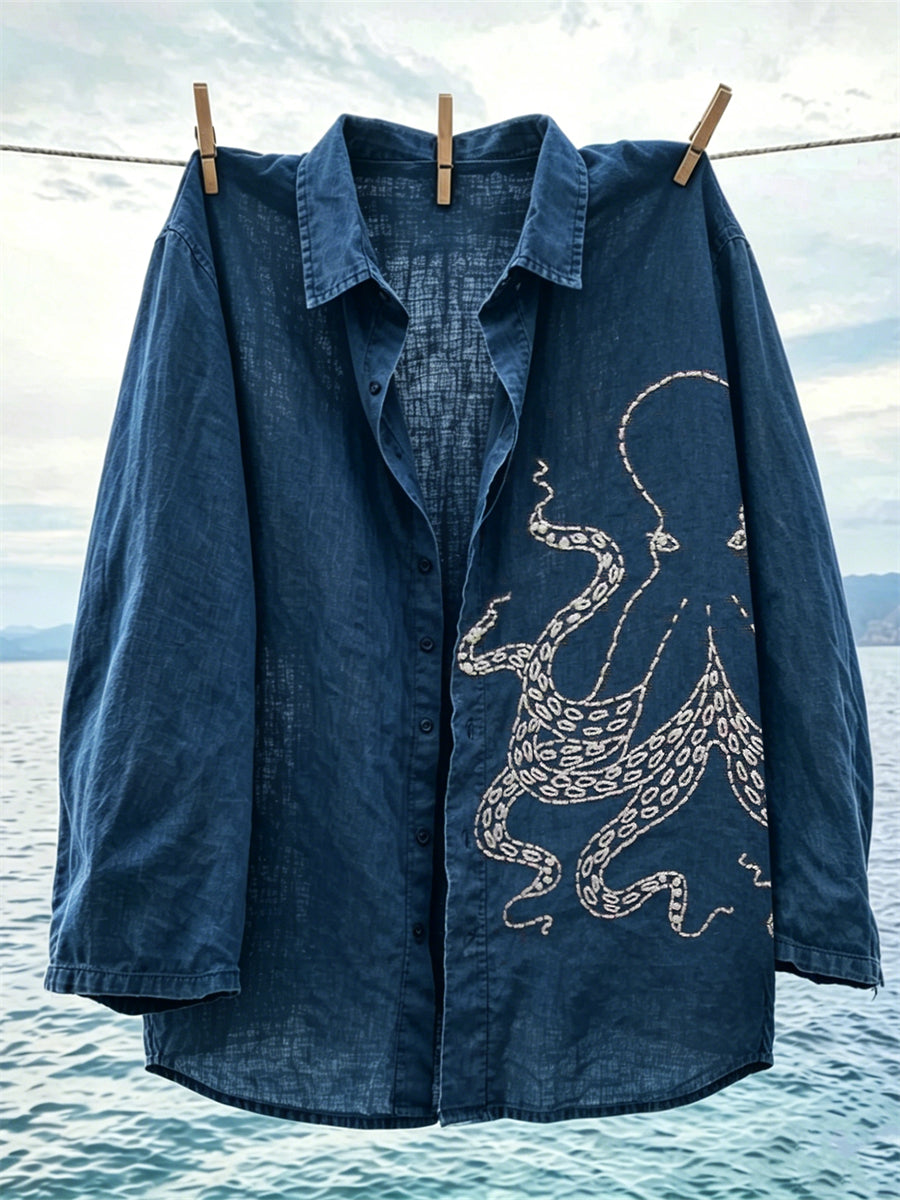 Women's Octopus Japanese Sashiko Art Print Linen shirts