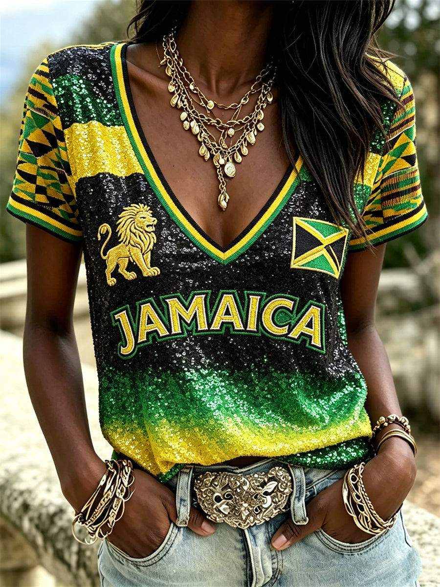 Women's Jamaica Lion & Flag Inspired Glitter Gradient Print short-sleeved T-shirt
