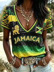 Women's Jamaica Lion & Flag Inspired Glitter Gradient Print short-sleeved T-shirt