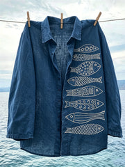 Women's Japanese Fish Sashiko Art Print Linen shirts