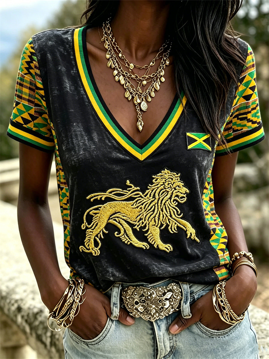 Women's Reggae Lion & Jamaica Flag Kente Colorblock Print short-sleeved T-shirt