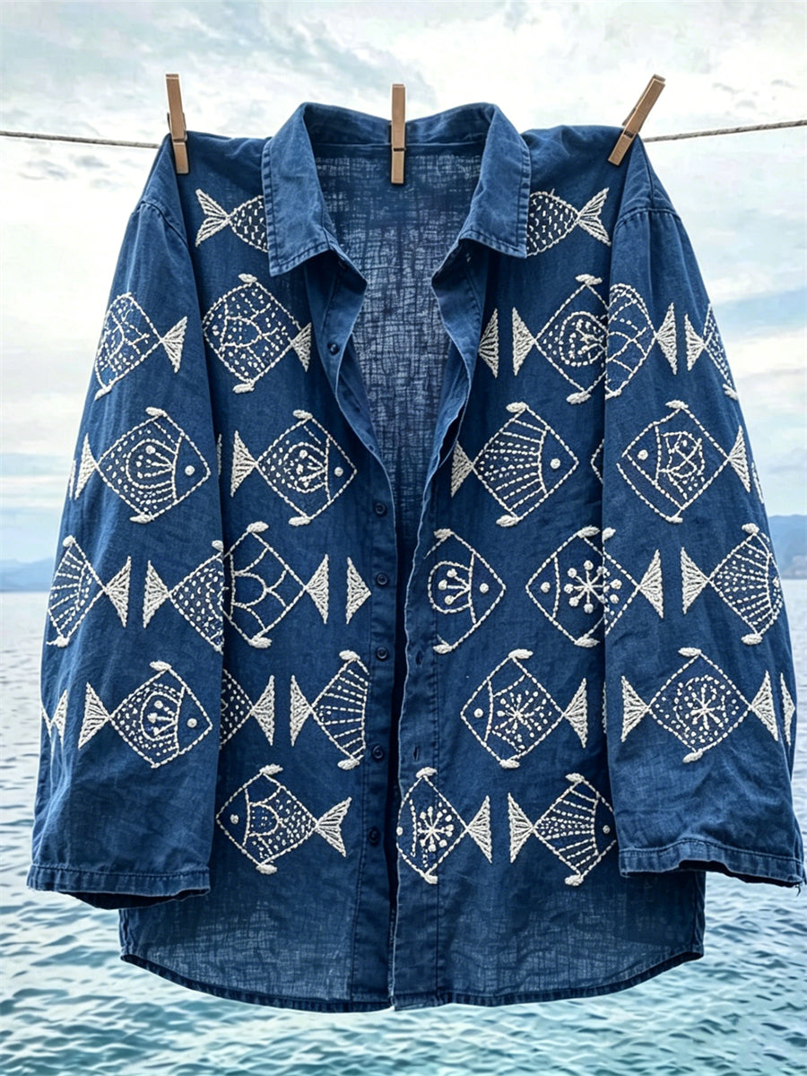 Women's Japanese Geometric Fish Sashiko Art Linen shirts