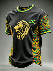 Men's Liion Head Jamaica Flag Africa Kente Patchwork Print short sleeves t-shirt