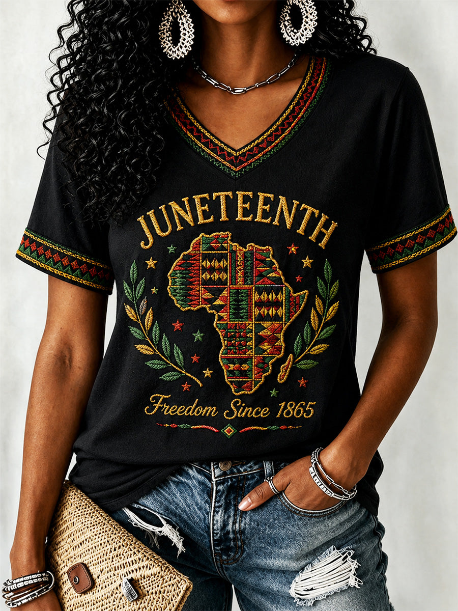Women's Juneteenth  Print Casual V-Neck Tee