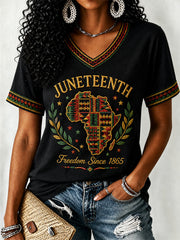 Women's Juneteenth  Print Casual V-Neck Tee