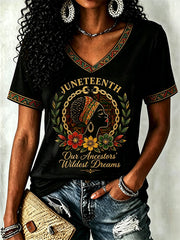 Women's Juneteenth  Print Casual V-Neck Tee