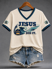 Women's Funny Christian God Print Casual V-Neck Tee