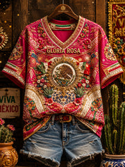 Women's Mexico Pride Art Printed Linen T-shirt