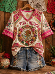 Women's Mexico Pride Art Printed Linen T-shirt