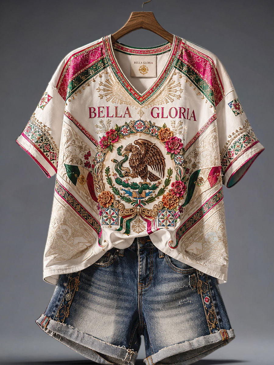 Women's Mexico Pride Art Printed Linen T-shirt