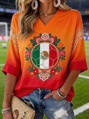 Women's Mexican Football Fan Casual Printed V-Neck T-Shirt