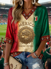 Women's Mexican Football Fan Casual Printed V-Neck T-Shirt