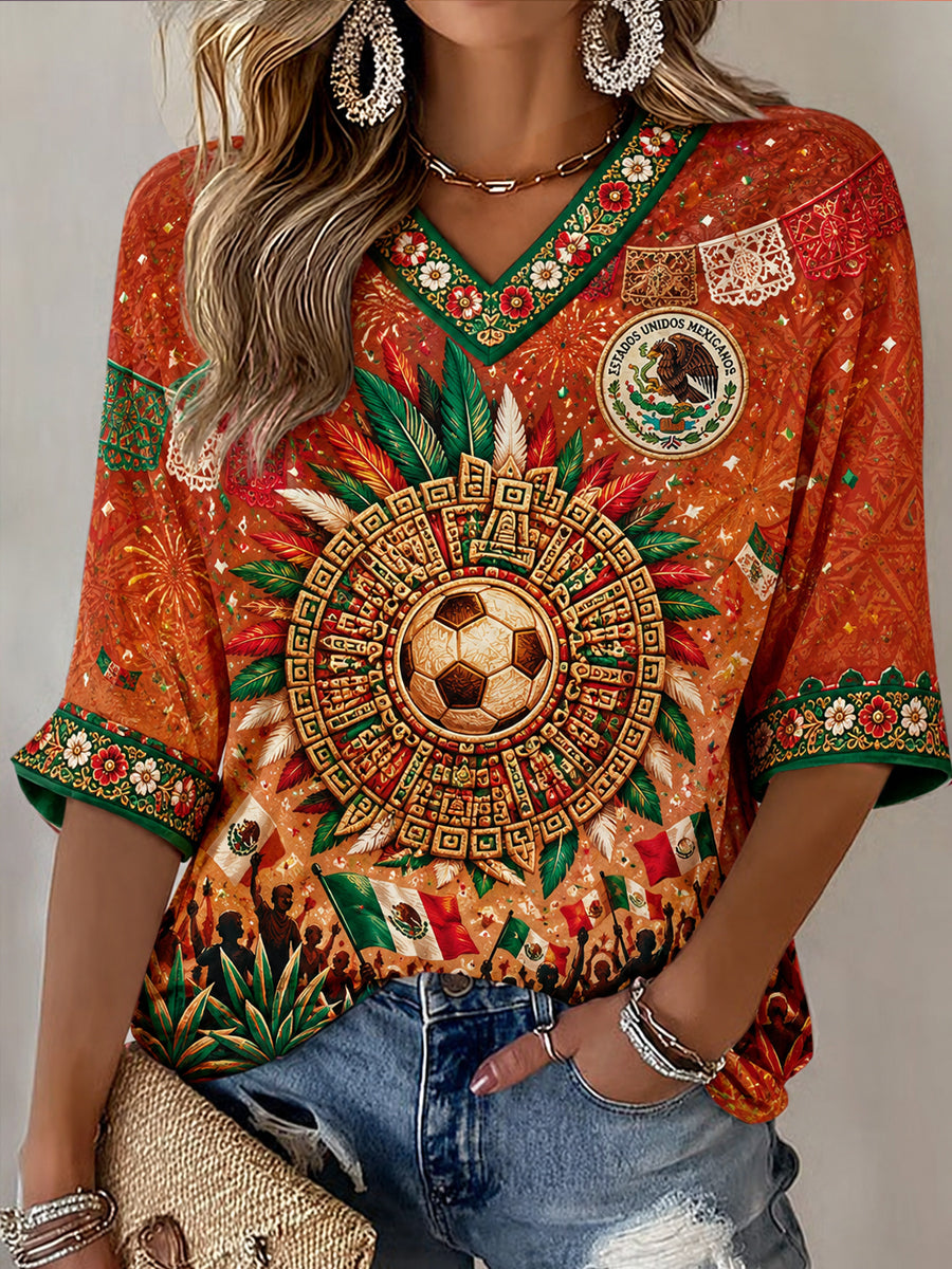 Women's Mexican Football Fan Casual Printed T-shirt