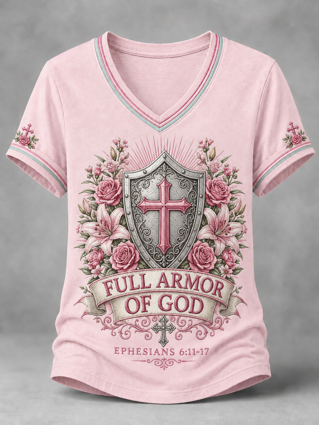 Women's Christian Full Armor Of God Print Casual V-Neck Tee