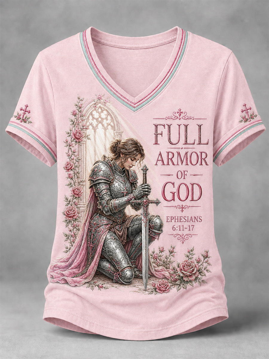 Women's Christian Full Armor Of God Print Casual V-Neck Tee