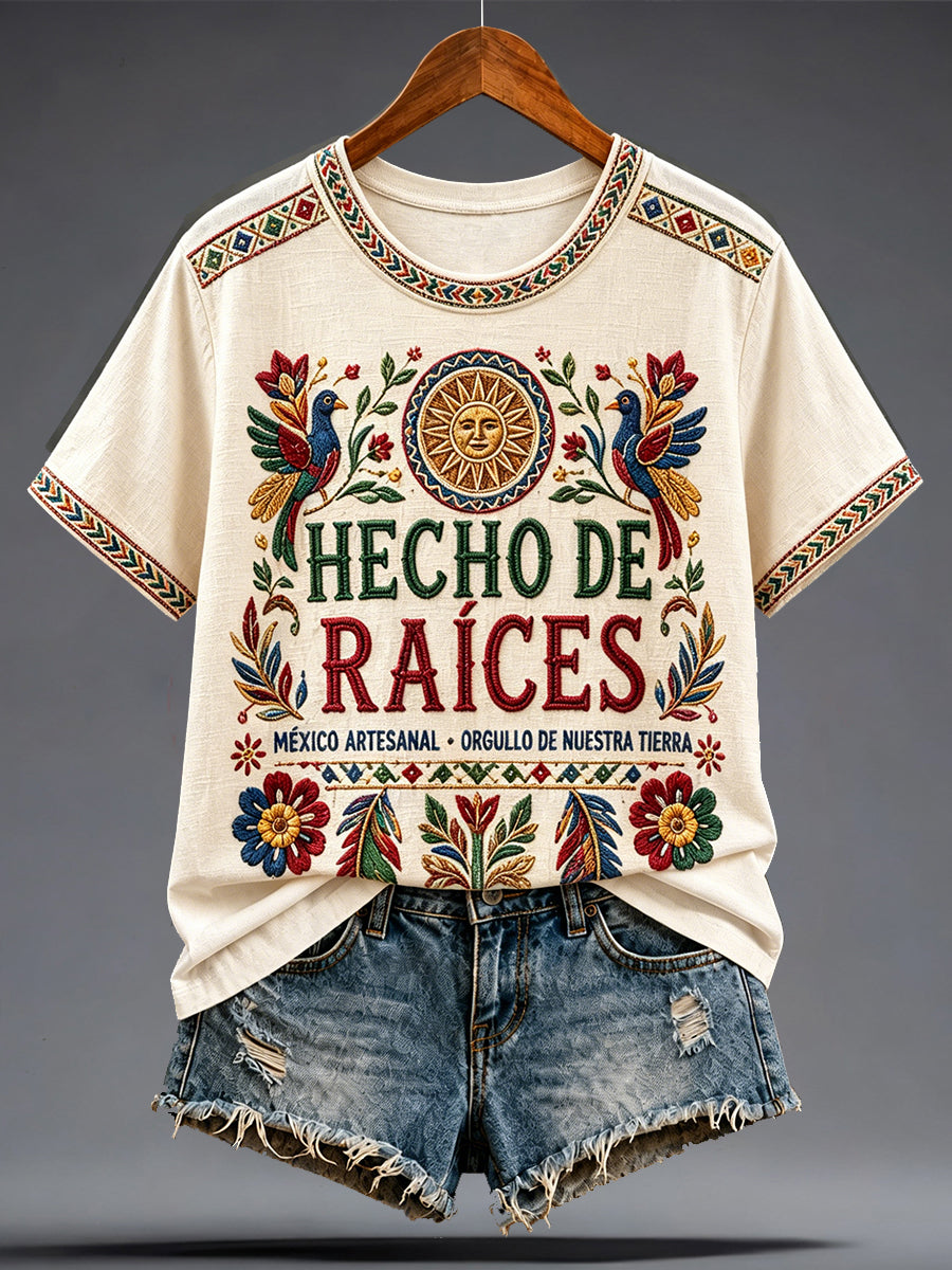 Women's Mexico Pride Art Printed Linen T-shirt
