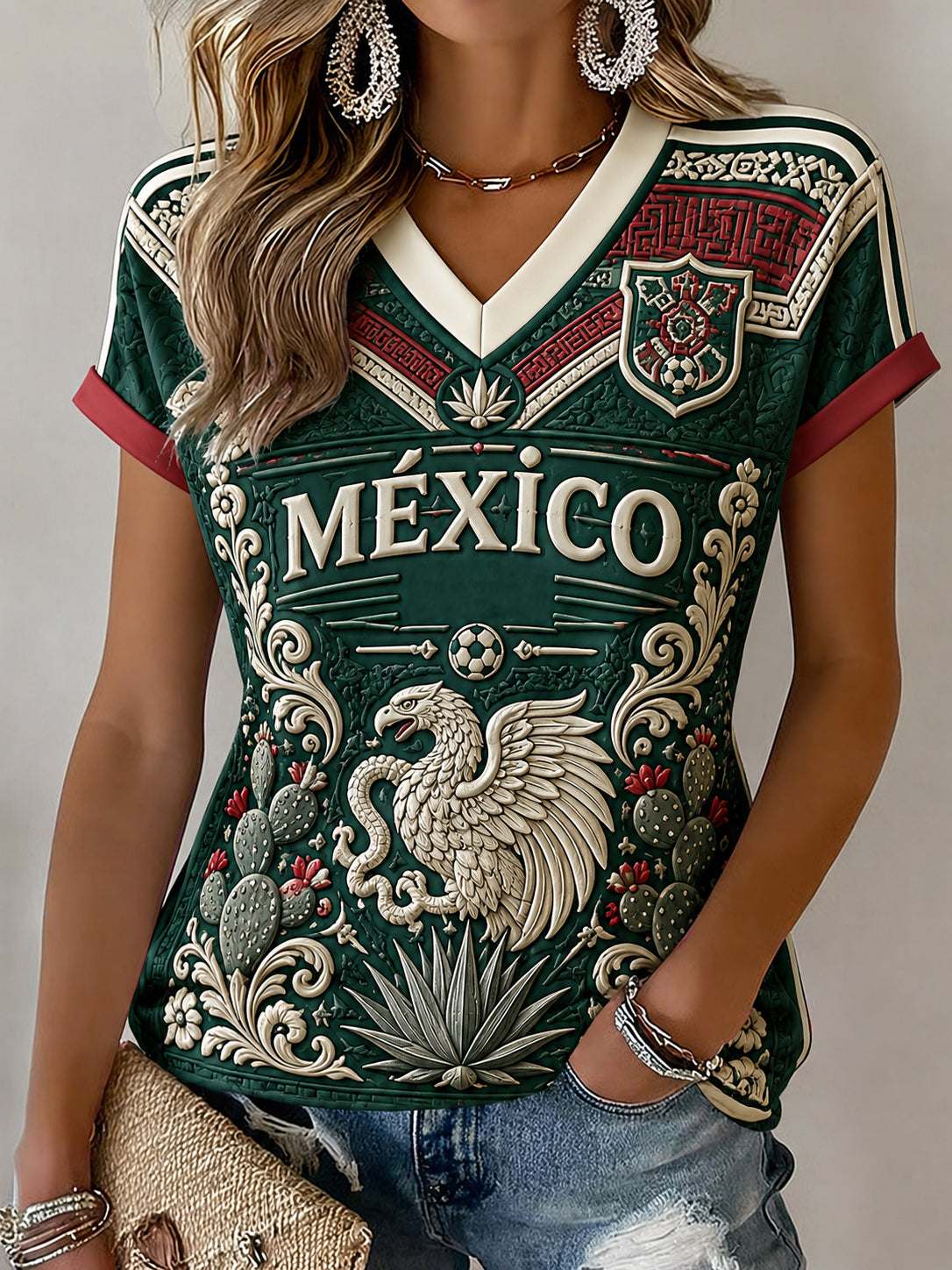 Women's Mexican Football Fan Casual Printed T-shirt