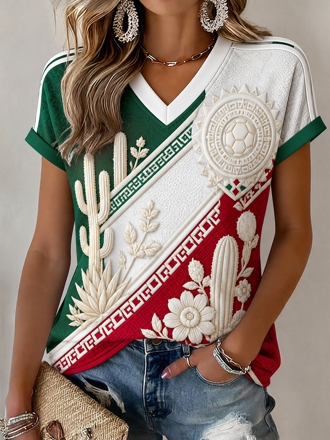 Women's Mexican Football Fan Casual Printed T-shirt