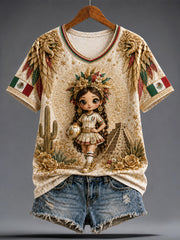 Women's Mexico Football Lover Lele Doll Art Printed T-shirt