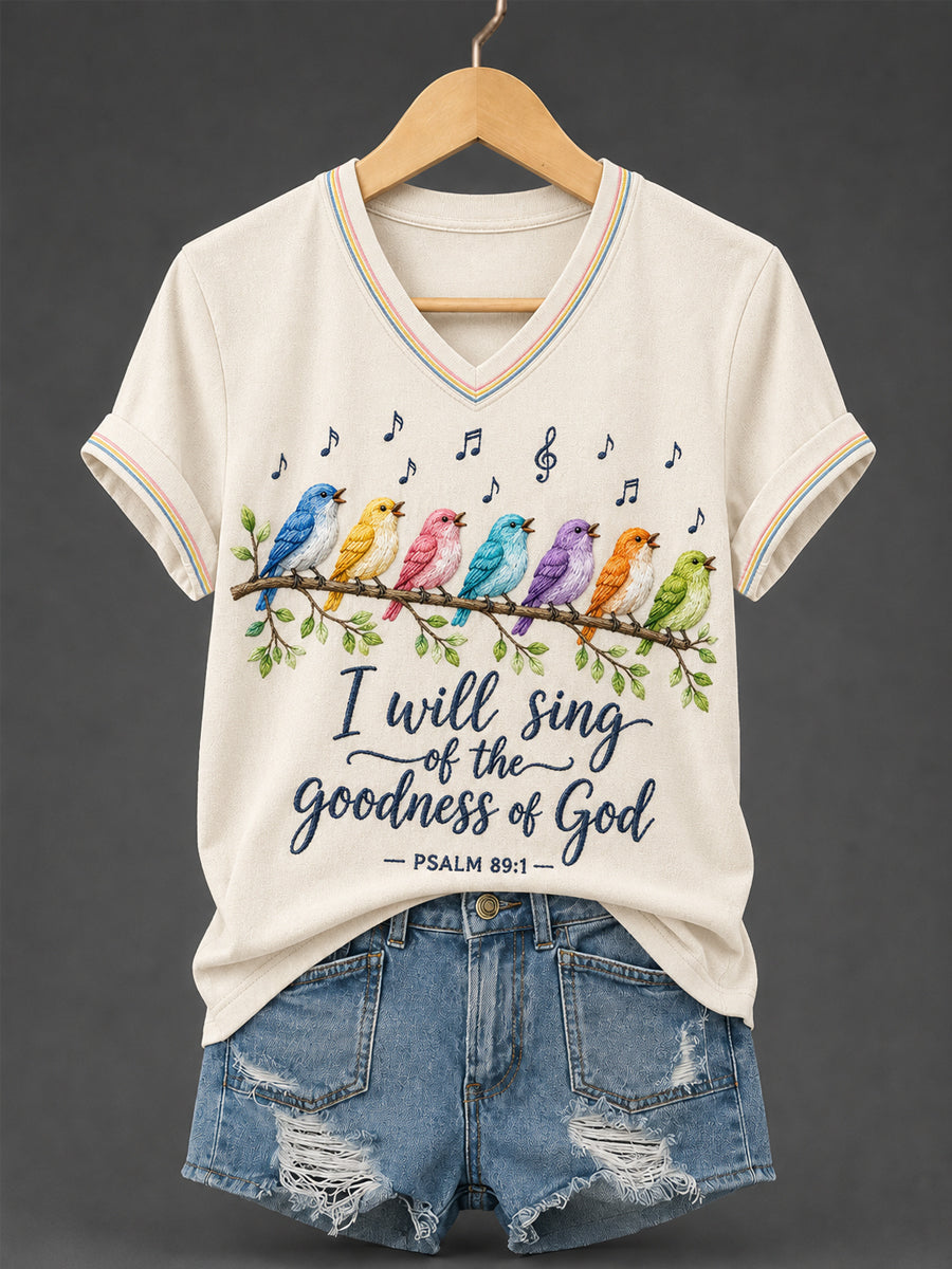 Women's I Will Sing Of The Goodness Of God Psalm 89:1 Christian Bird Print Casual V-Neck Tee