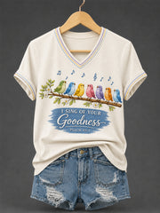 Women's I Will Sing Of The Goodness Of God Psalm 89:1 Christian Bird Print Casual V-Neck Tee