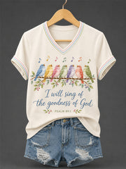 Women's I Will Sing Of The Goodness Of God Psalm 89:1 Christian Bird Print Casual V-Neck Tee