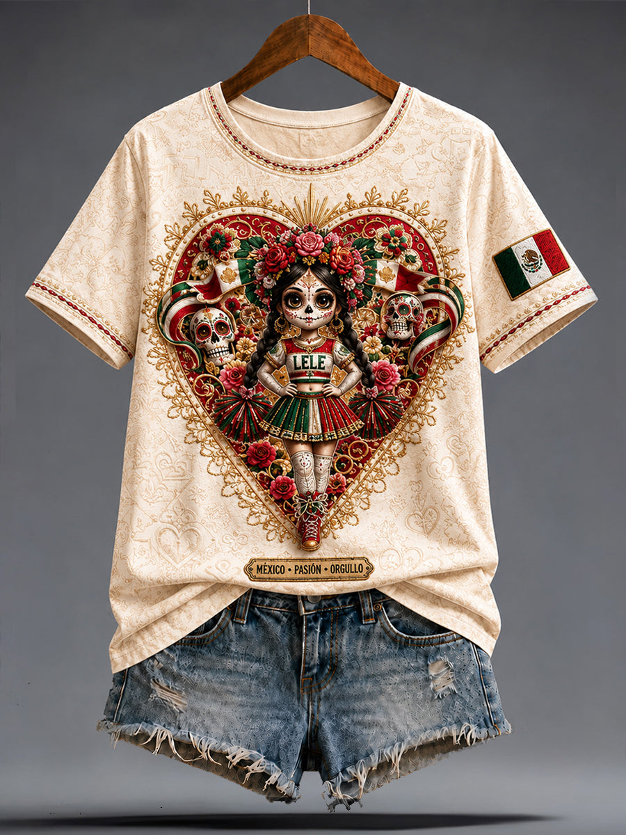 Women's Mexico Football Lover La Catrina Lele Doll Art Printed T-shirt